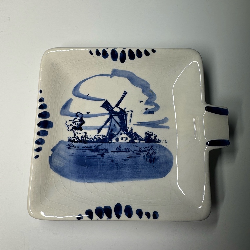 Vintage Delft Blue Square Ashtray or Trinket Dish Hand Painted Windmill